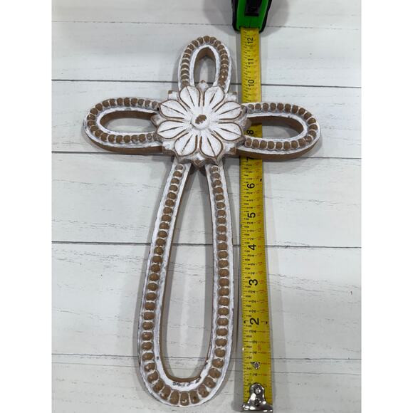 Whitewashed Beaded Wall Cross with Flower Center Farmhouse Decor 13” x 9” - Picture 2 of 5